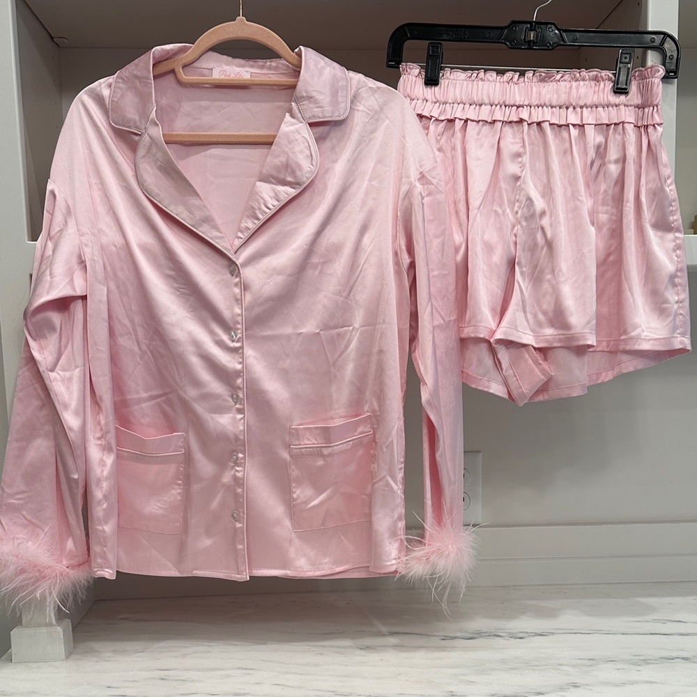 Pink Lily small pink satin pajama set with feather trim. Like new
